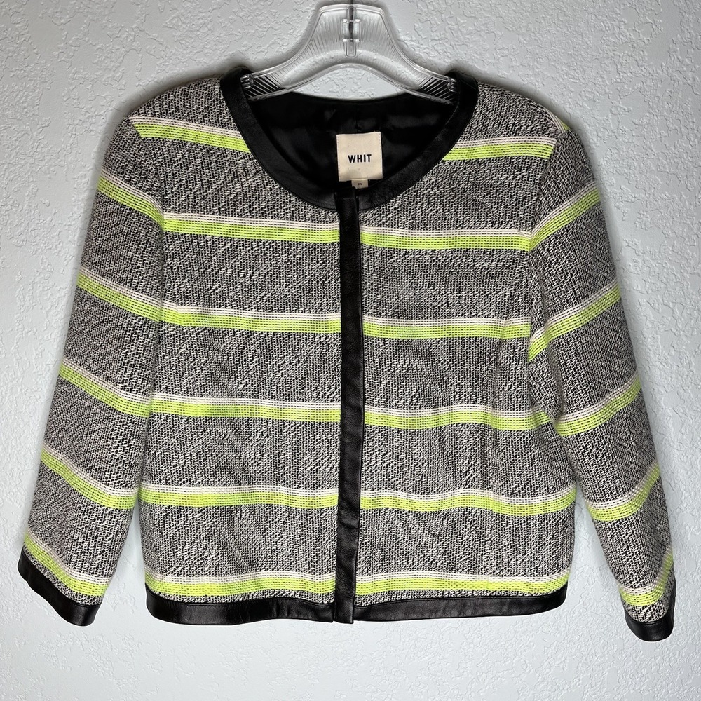 WHIT‎ Blazer Jacket Women's M Black White Neon Green Real Leather Trim Old Money